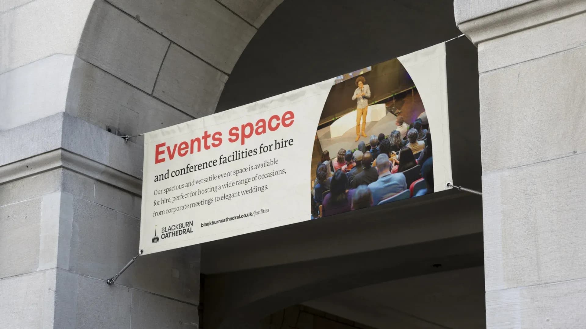 A banner advertising blackburn cathedrals event spaces