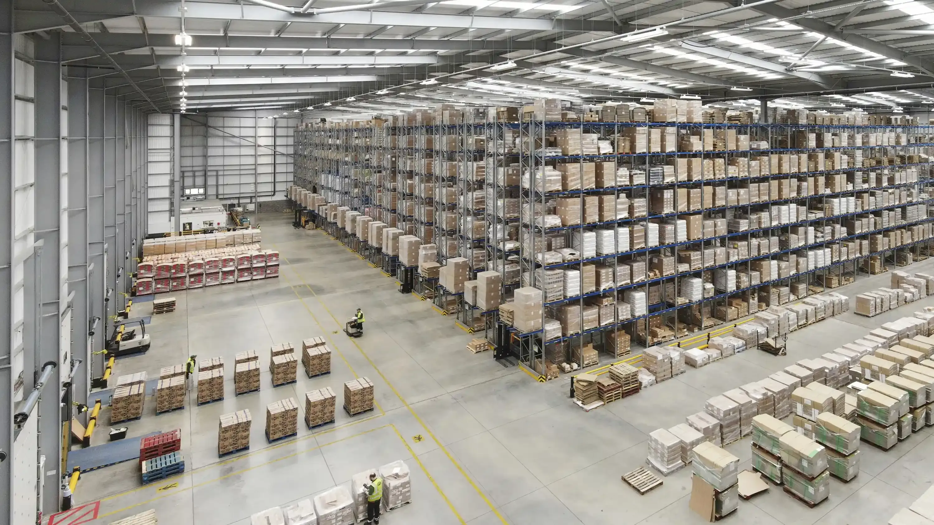 An overhead shot of the inside of a warehouse