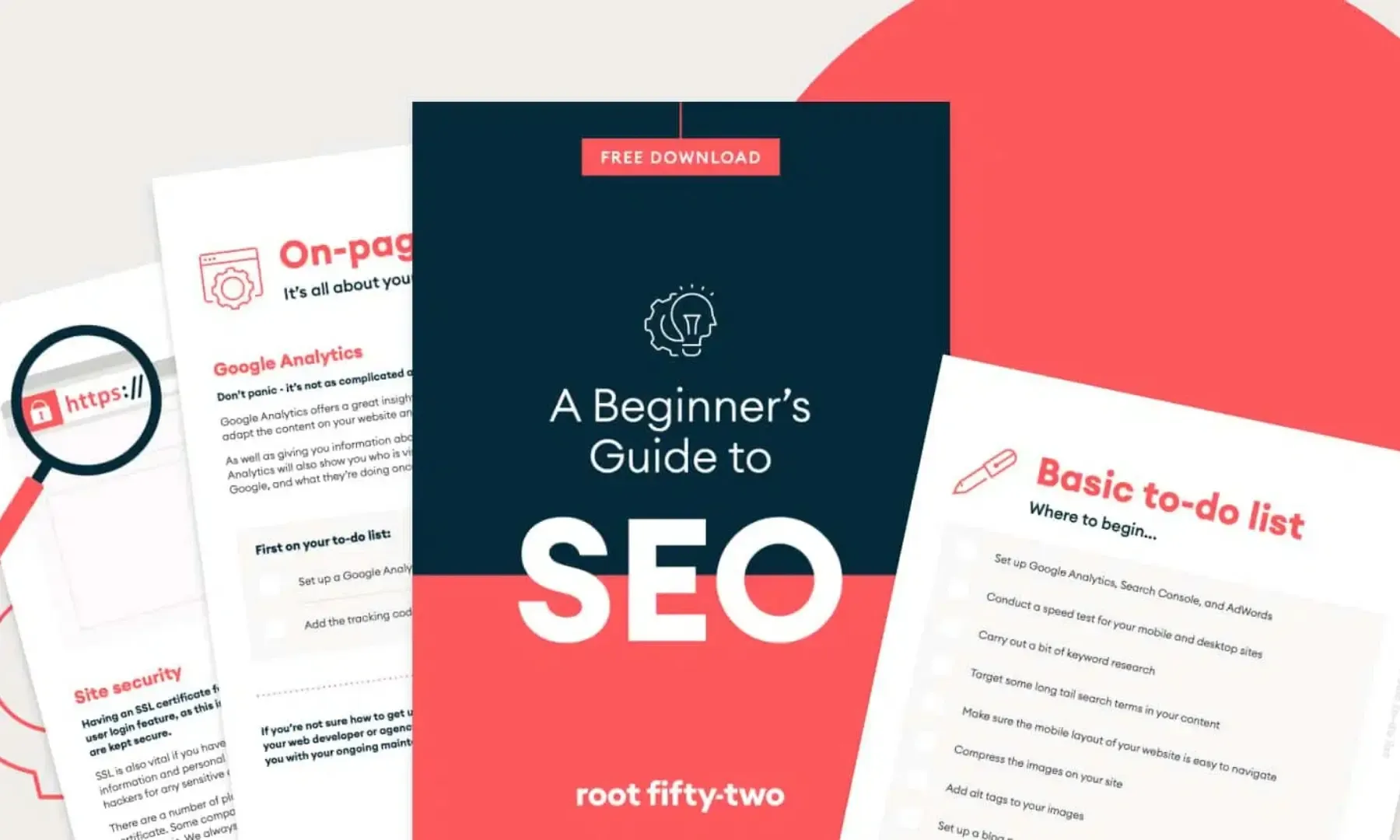 Graphic promoting the basics of SEO and a free beginners guide by Root Fifty-Two