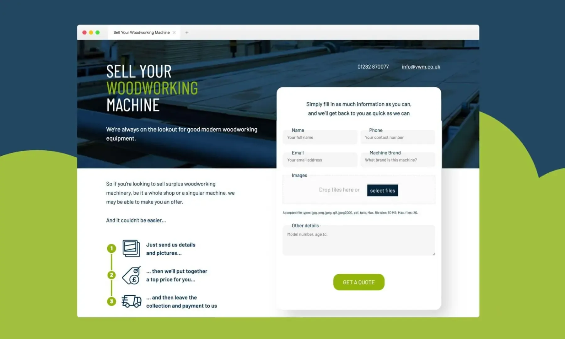 Screen grab of a landing page from VWM Woodworking's website