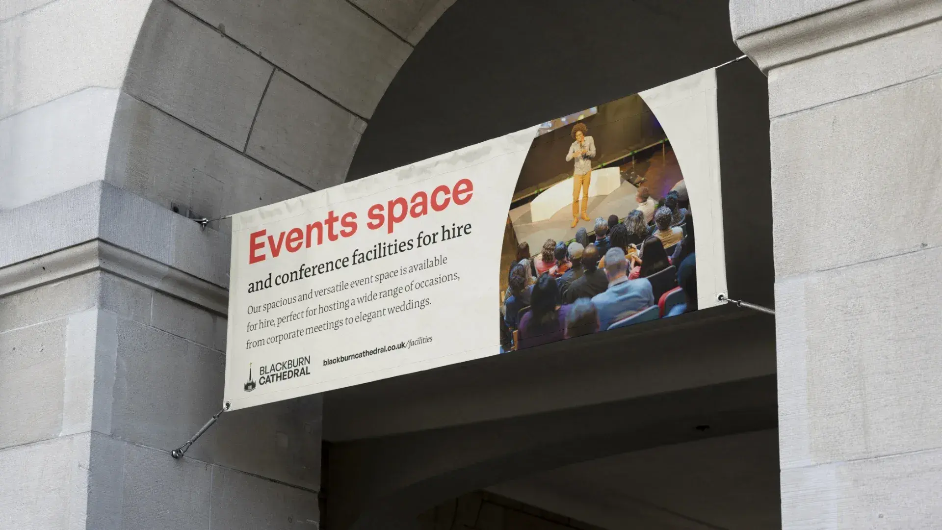 A banner advertising blackburn cathedrals event spaces