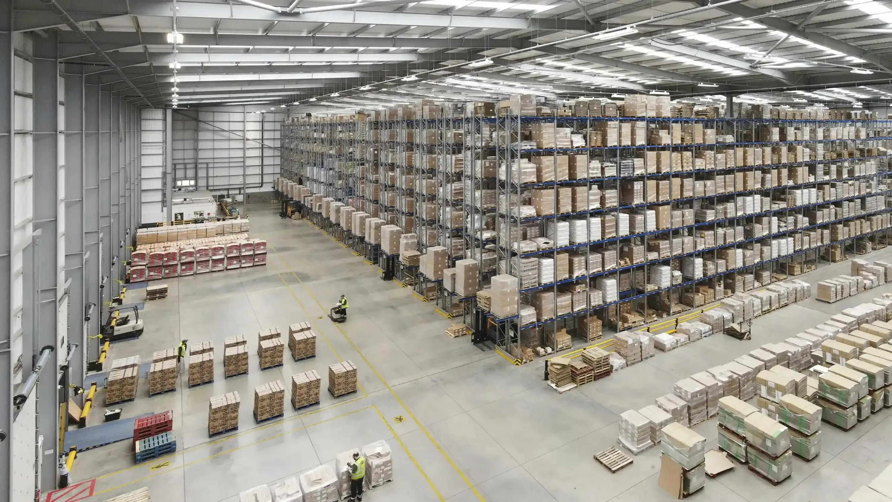 An overhead shot of the inside of a warehouse